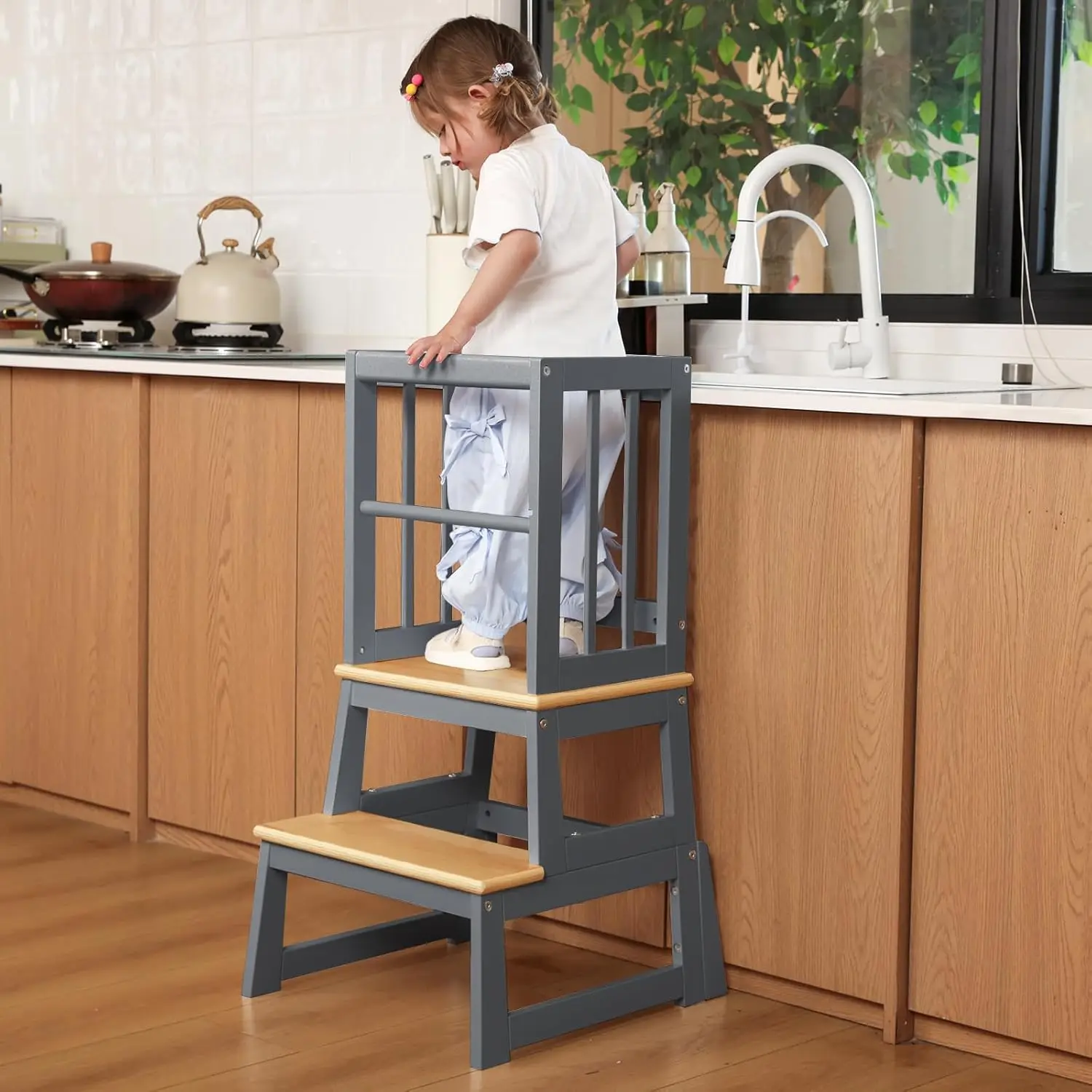 

Kids Kitchen Step Stool, Toddler Learning Tower with Anti-Tip Safety Bar, Stable & Safe - Gray