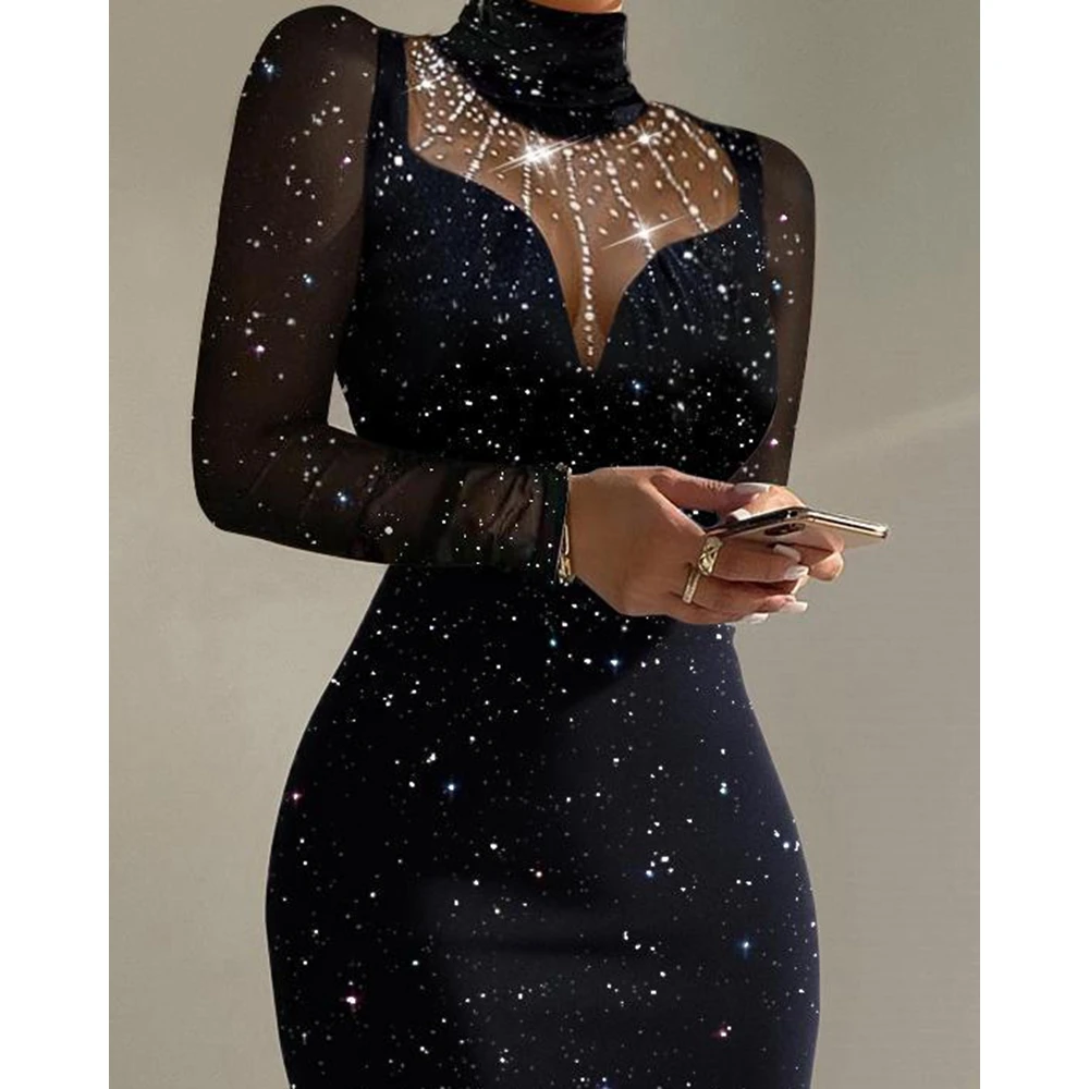 Women Rhinestone Design Sheer Mesh Long Sleeve Glitter Bodycon Long Dress Slim Mock Neck Party Dress Femme Elegante Robe Sexy