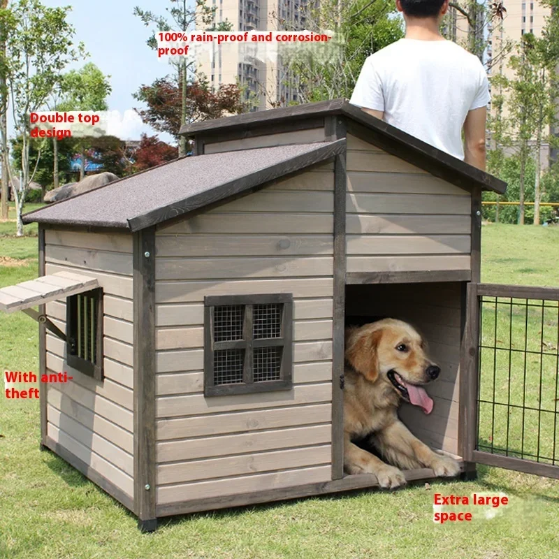 Outdoor Solid Wood Dog House Double Top Kennel Rainproof Golden Retriever Cage Neutral Pet House Oversized Kennel for Small Dogs