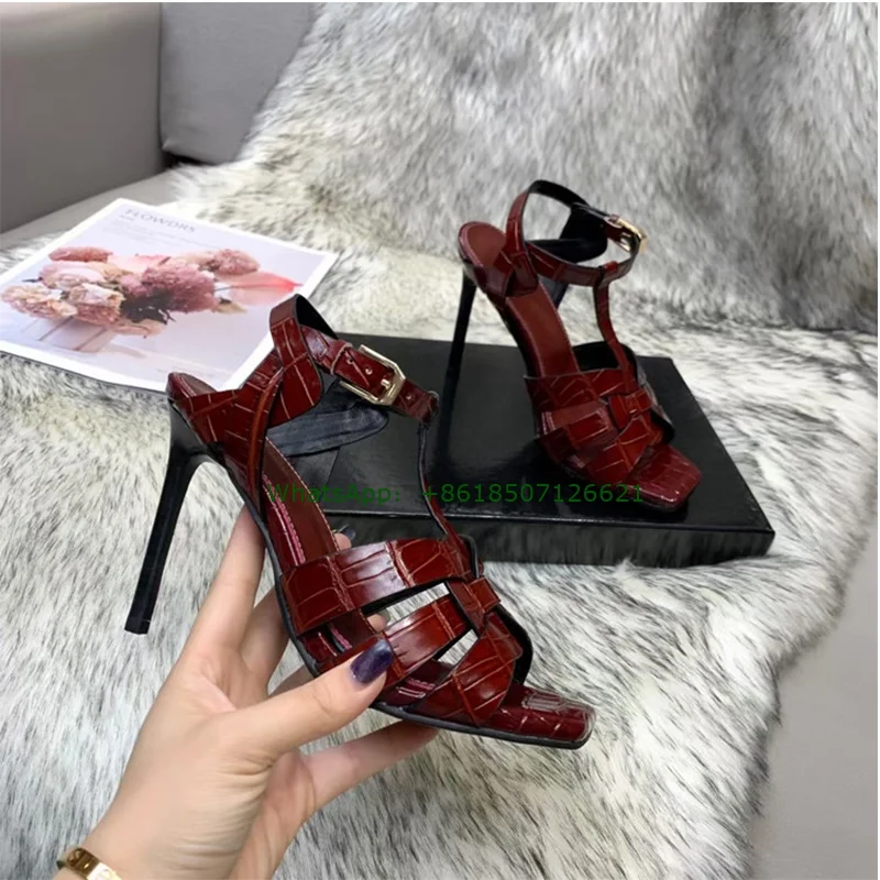 T-Strap Peep Toe Stiletto High Heel Sandal Buckle Roman Leather Square Toe Women'S Shoes