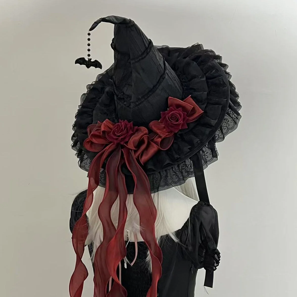 ハロウィン魔女帽子ロリータプリンセスレディースサンハット原宿女性女の子ゴシック手作りビッグボウノットバットフリースレース大人用帽子