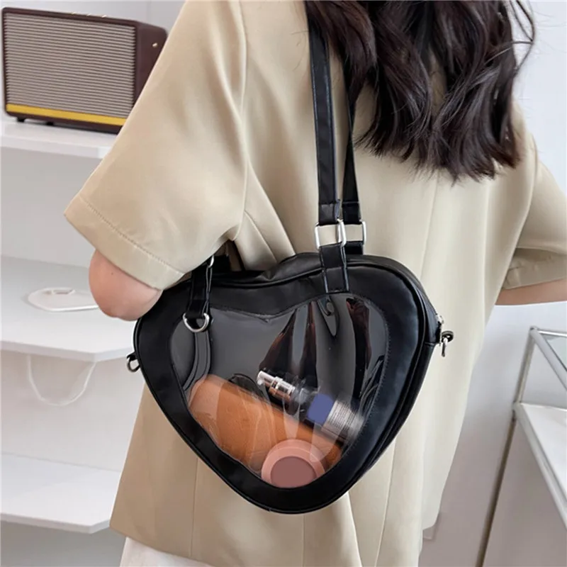 Fashion Women Love Heart Shaped Transparent Shoulder Bag PVC Clear Lady Girls Underarm Casual Daily Travel Handbag Totes Purse