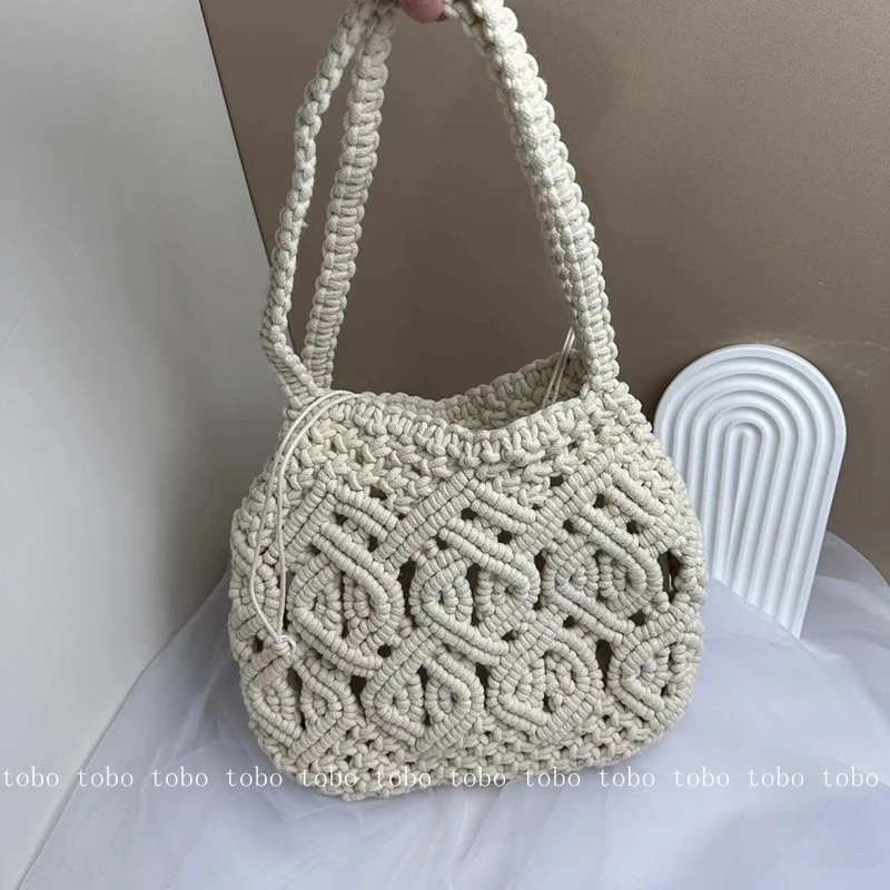 ZA New Hollow Out Holiday Woven Large Handbag Cotton Thread Shoulder Designer Bags Women\'s Off White Casual Beach Bag