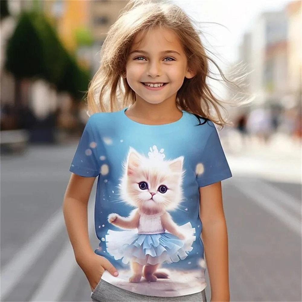 2025 Nuovo Divertente Animale Gatto 3d Stampa T-shirt da ragazza Festival Party Moda Top a maniche corte T-shirt casual Abbigliamento per ragazze