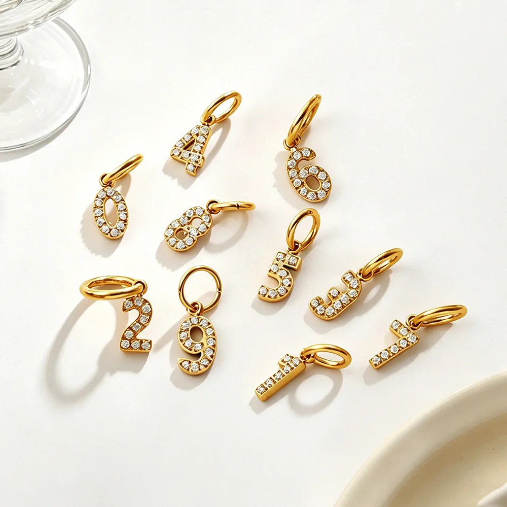 5Pcs Stainless Steel Number Charms With Sparkling Rhinestones Mini DIY Jewelry Making Accessories