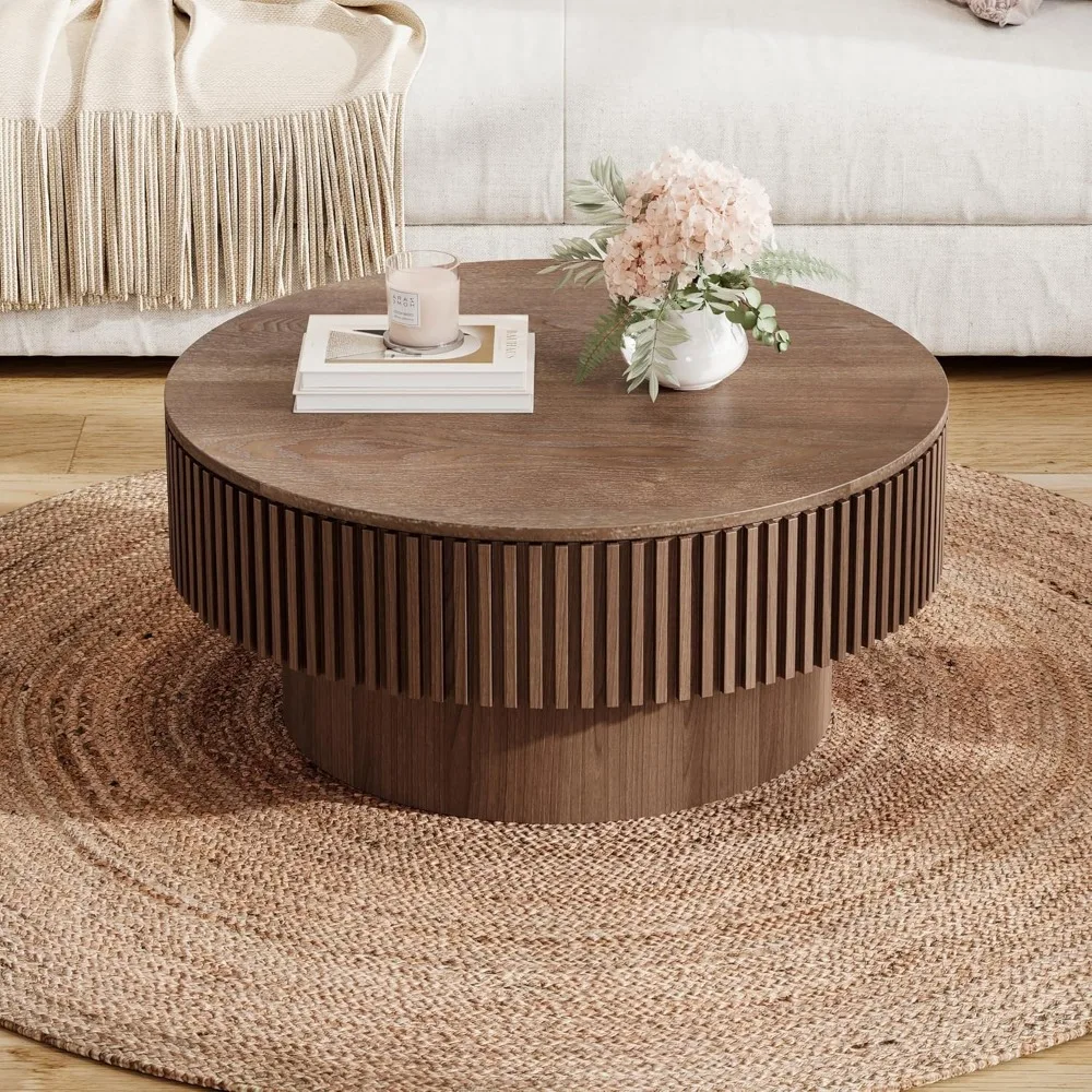 Round Coffee Table with Storage, Modern Luxury Circle Drum Center Table with Solid Wood Veneered, Accent Side Table