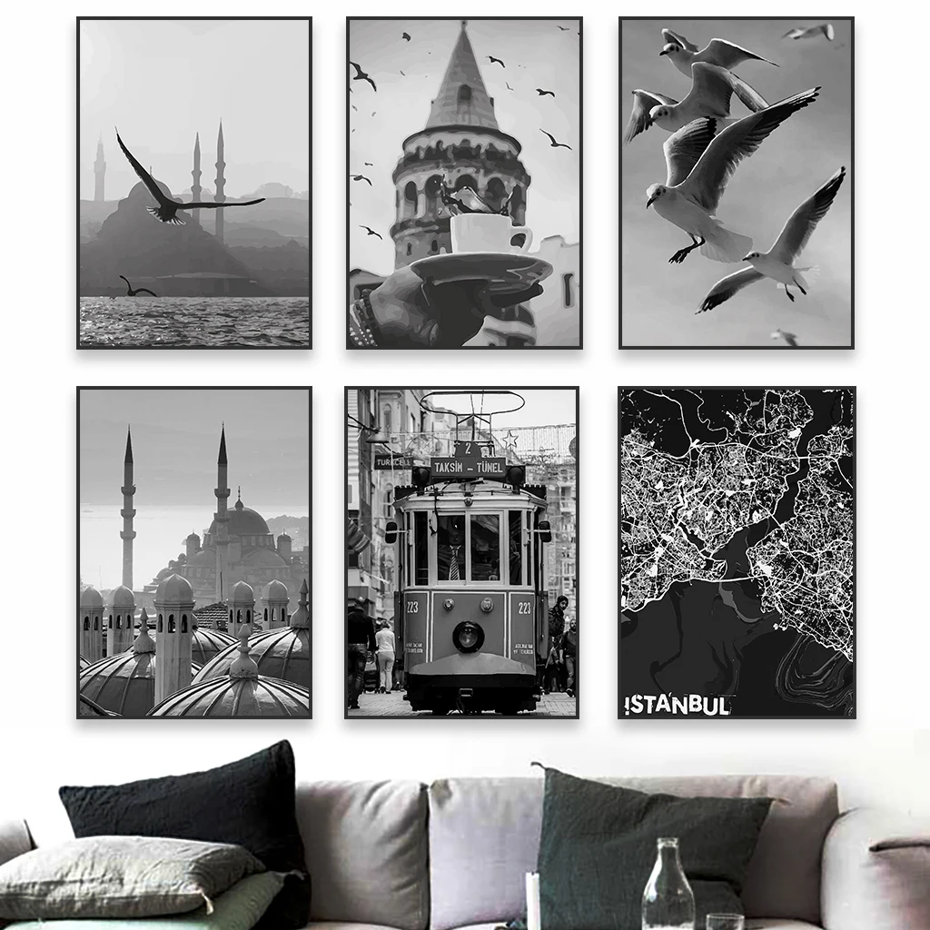 

Black and White Istanbul Travel Poster Print Poster Turkey Street Landscape Colorful Print Retro City Canvas Painting Home Decor