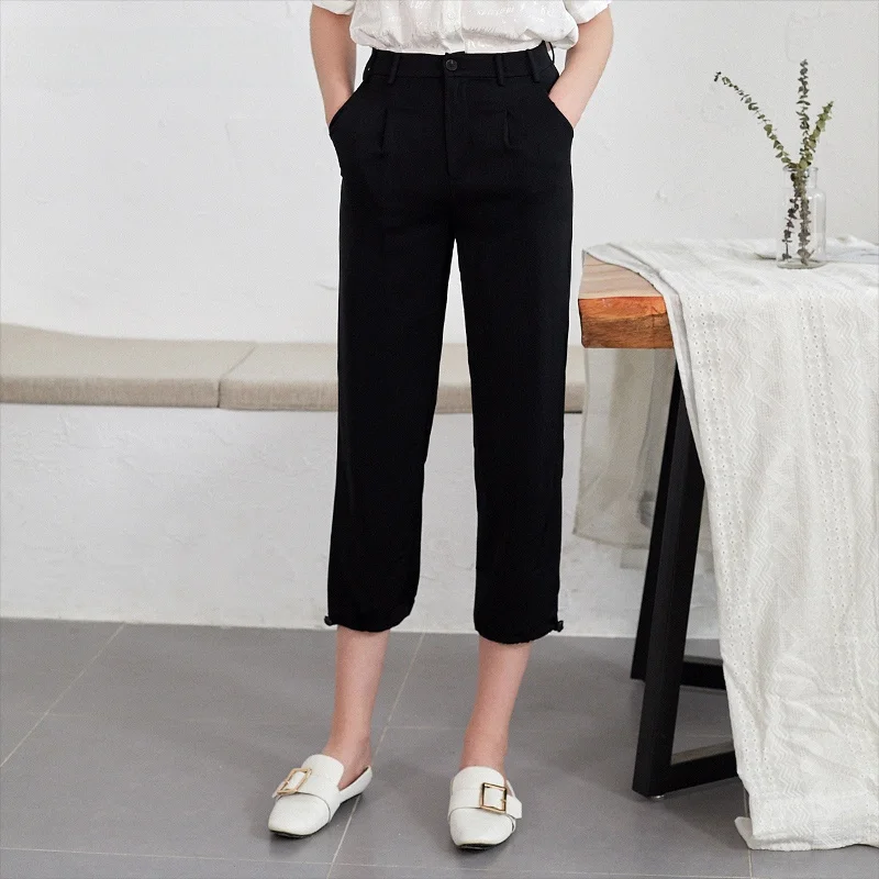 

Женские брюки Dailanzhi с высокой талией, драпированные, облегающие, повседневные, весна-лето, в корейском стиле, для офиса, зауженные, укороченные (7/8)