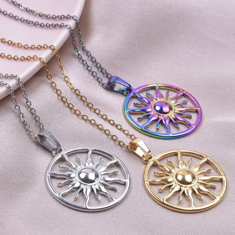 Fashion Round Sun Pendant Necklaces For Women Men Accessories Hope Jewelry Stainless Steel Necklace Vintage Choker Birthday Gift