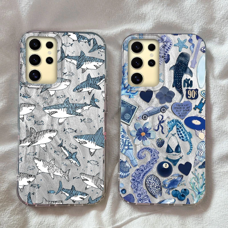 

Seashell Starfish Shark Phone Case For Samsung Galaxy S21 S22 S23 S24 S25 Plus FE Ultra Cover S 22 S23+ Blue Ocean Animals Cover