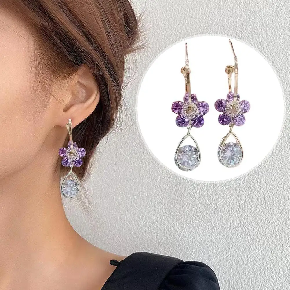 Purple Flower Zircon Drop Earrings Earrings Hook Female Sense Temperament Blue High Drop Earrings Luxury Earrings Light C6W2