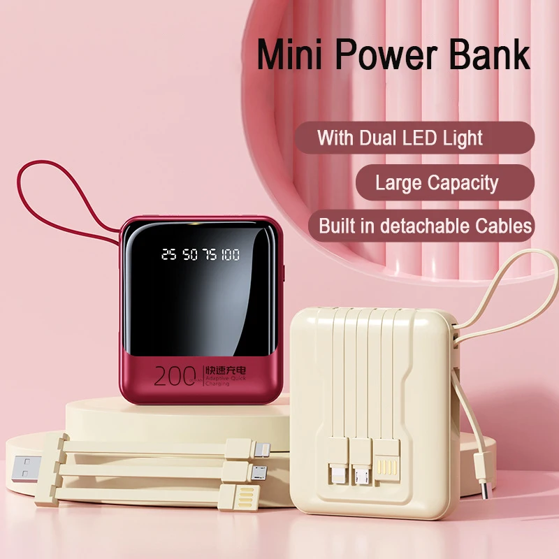 Mini Fast Charge Large Capacity 20000 mAh Power Bank Built in Cable 10000mAh mini Powerbank with Flashlight Mobile Power Supply