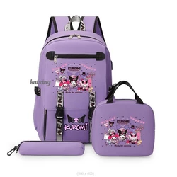 Kuromi Melody Mochila para Crianças, linda bolsa de escola dos desenhos animados, grande capacidade portátil, lancheira Kawaii, estojo de lápis, moda, menina, 3 peças