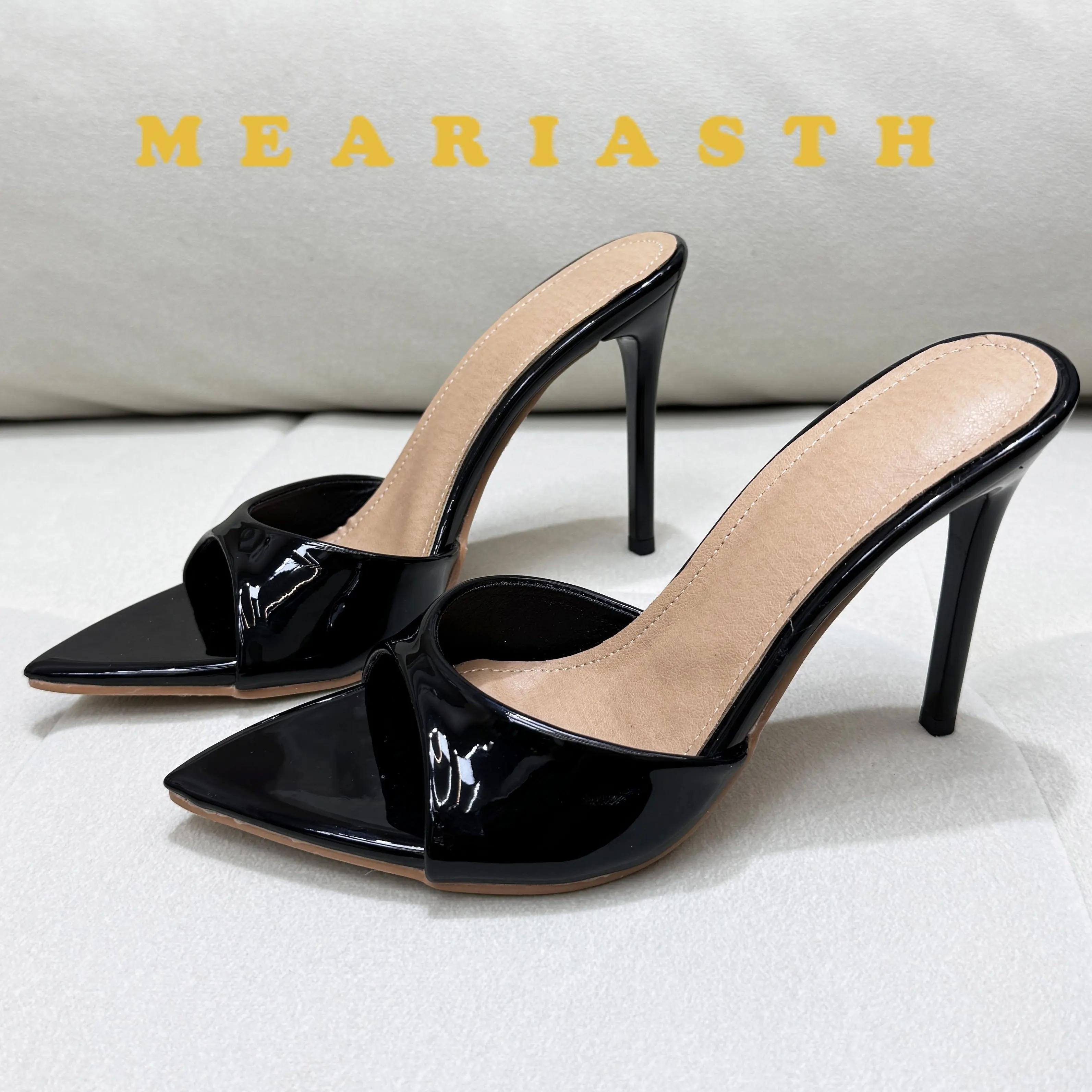 

Summer New Patent Leather Open Toe Set Foot Non-slip on Wear Wearing Slippers Women Sexy Pointed toe One-line High Heels mules