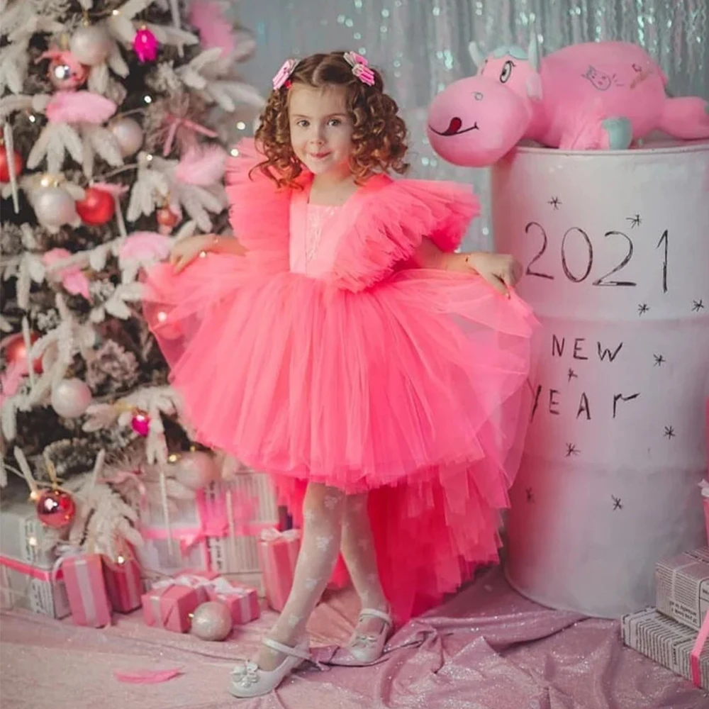 Short-Sleeve Tulle Flower Girl Dresses Pink Front Short Back Long Baby Cute Party Ball Gown Backless Christmas Festival Dress