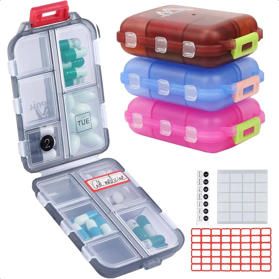 

4PS Travel Pill Organizer with 164 Slice Labels 10 Compartments Travel Pill Box Portable Folding Small Pill Case Daily Pill Con