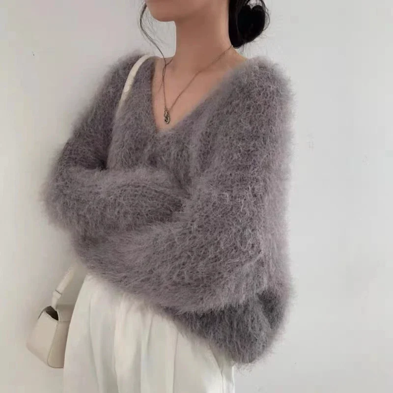 Korean V-neck Soft Mink Cashmere Cardigan Coat Women Long Sleeve Single Breasted Sweater Jacket Autumn Winter New Knitwear