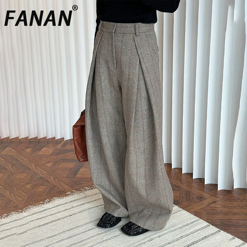 FANAN Vintage Striped Contrast Color Pants For Women High Waist Pleated Loose Wide Leg Trousers Wool Clothing 2025 Spring New