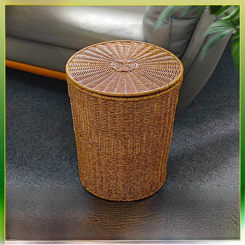 

New Handmade Nordic Office Living Room Home Daily Use Trash Can with Lid Basket Multi-purpose Storage Willow Woven Bucket