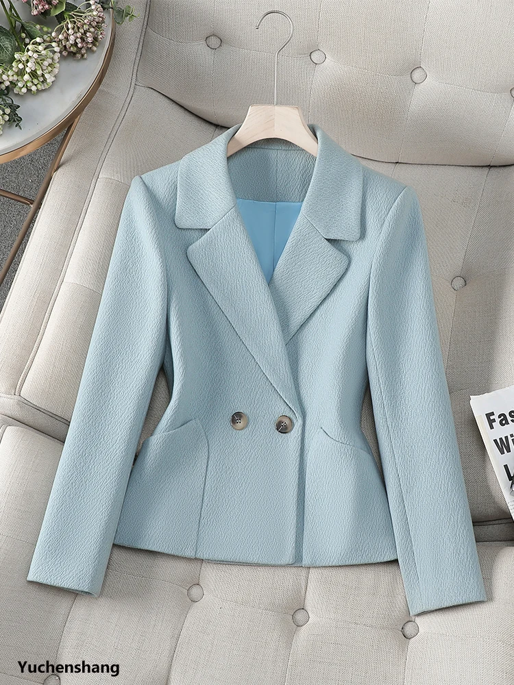 Moda inverno feminino blazer feminino azul café damasco curto senhoras jaqueta casaco