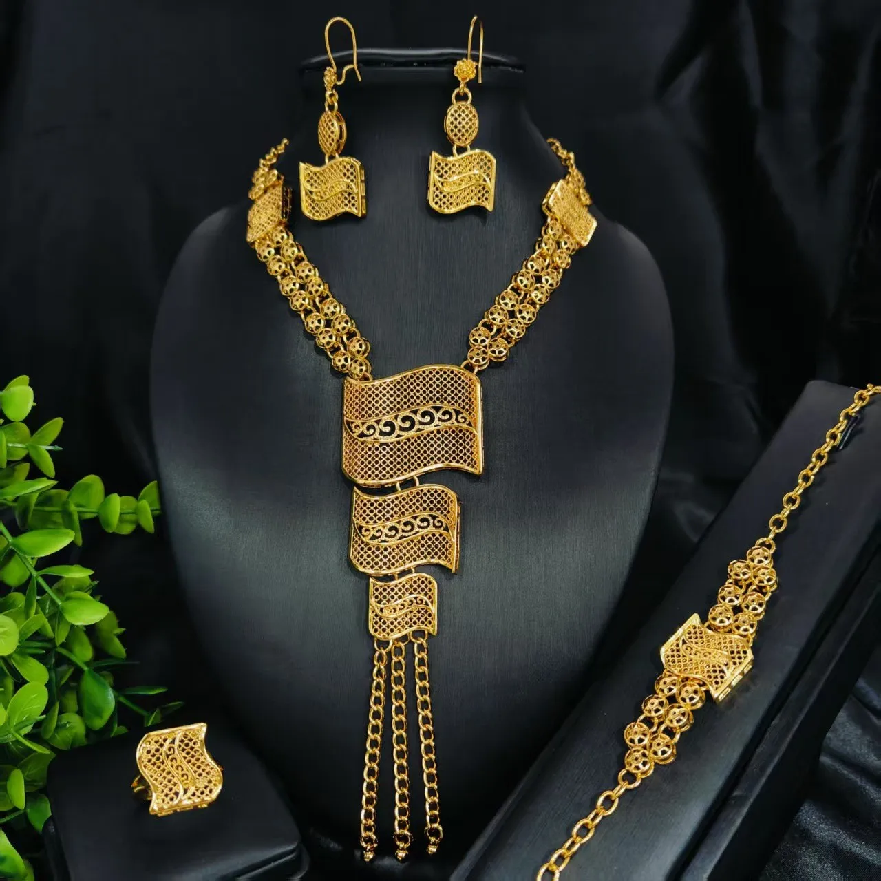 Luxury 24K 9999 Pure Gold real gold Women's Middle East Dubai Bridal Necklace Bracelet Earrings Ring