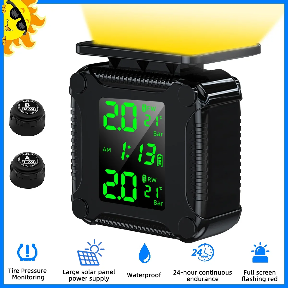 TPMS Motorcycle Solar Charge Tyre Temperature Alarm Sensor Tire Pressure Monitoring System Colorful Display Wireless