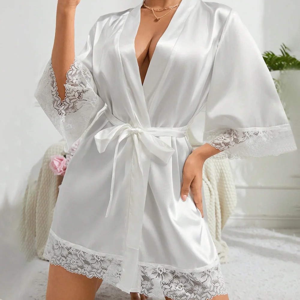 

Sexy Lace Bride Bridesmaid Wedding Robe Silky Satin Sleepwear Kimono Bathrobe Gown Spring Summer Nightgown Home Dress Loungewear
