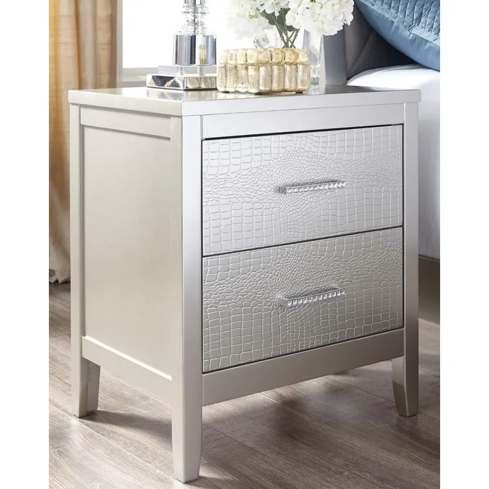 Signature Design by Ashley Olivet Glam 2 Drawer Nightstand with Faux Shagreen Drawer Fronts, Silver