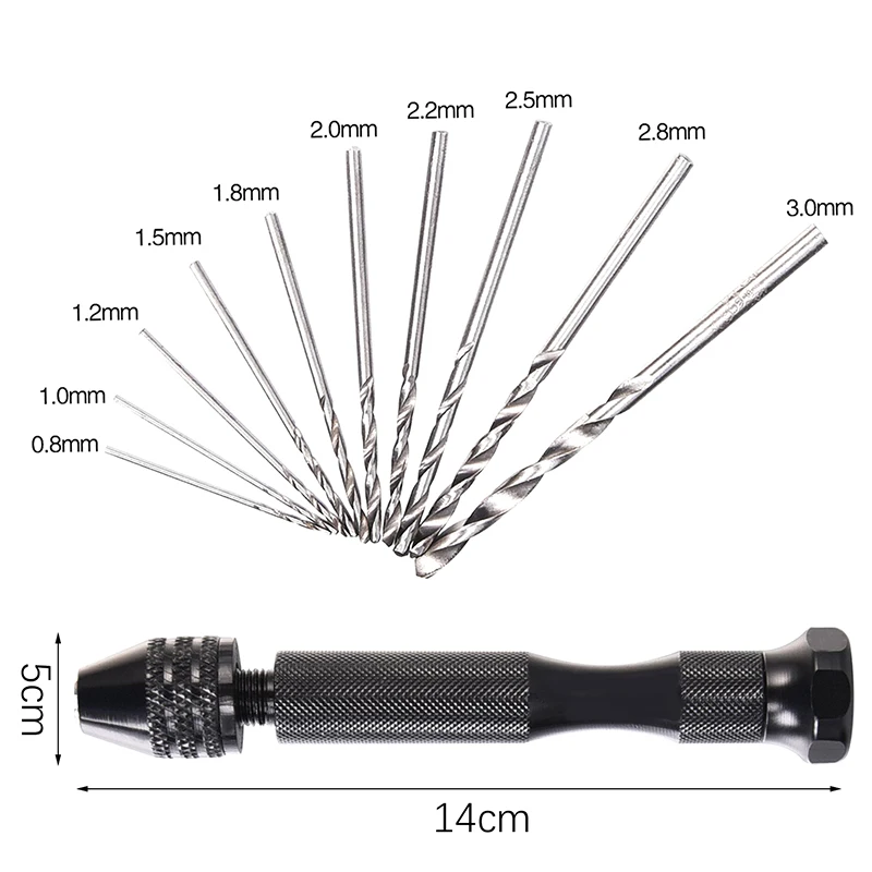 Mini conjunto de ferramentas com alça preta, brocas torção para madeira, perfuração DIY Craft, escultura rotativa de madeira buracos ferramentas, 10pcs