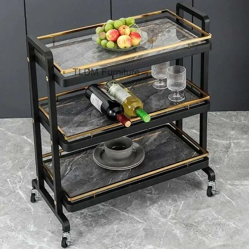 

Modern Metal Kitchen Trolleys Light Luxury Kitchen Organizer and Storage Commercial Restaurant Mobile Auxiliary Cart with Wheels