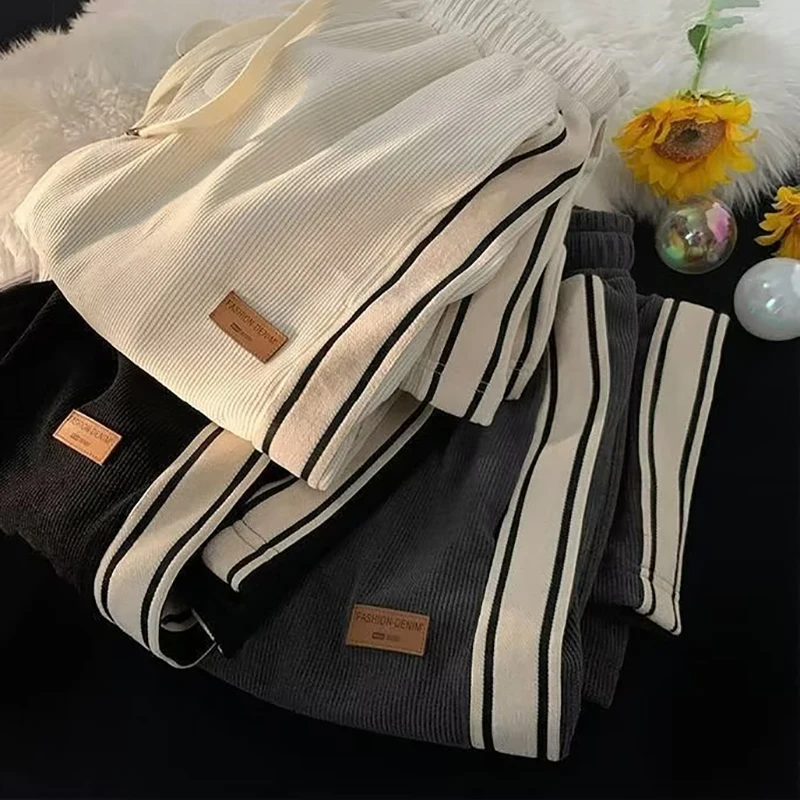 

Новые прямые спортивные штаны, вельветовые толстые широкие брюки, мужские повседневные брюки на шнурке 1/2 шт., осенне-зимние уличные спортивные штаны