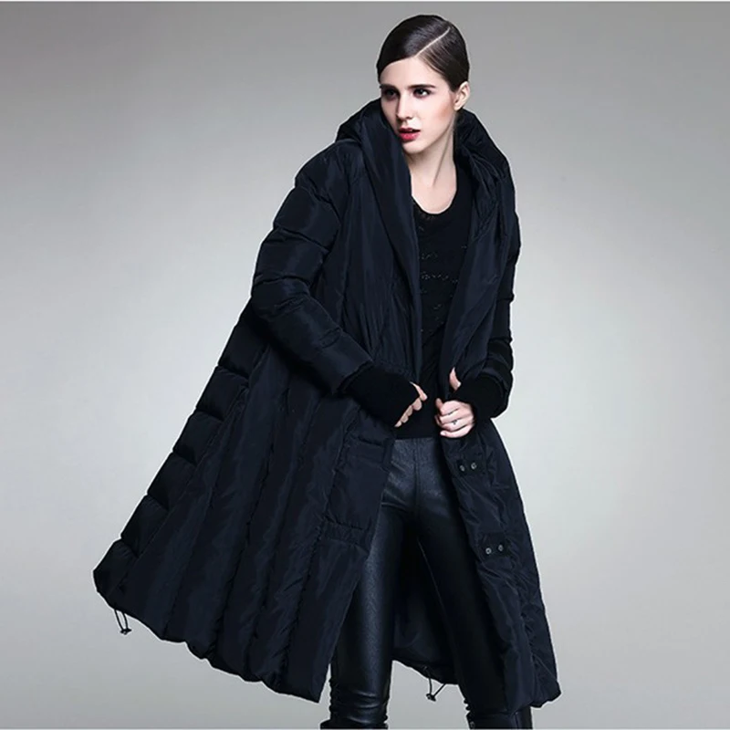 Winter Long Oversized Hooded Cold Proof Down Jacket Women White Duck Down Quilted Outwear Female Hidden Button Warm Parker Jacke