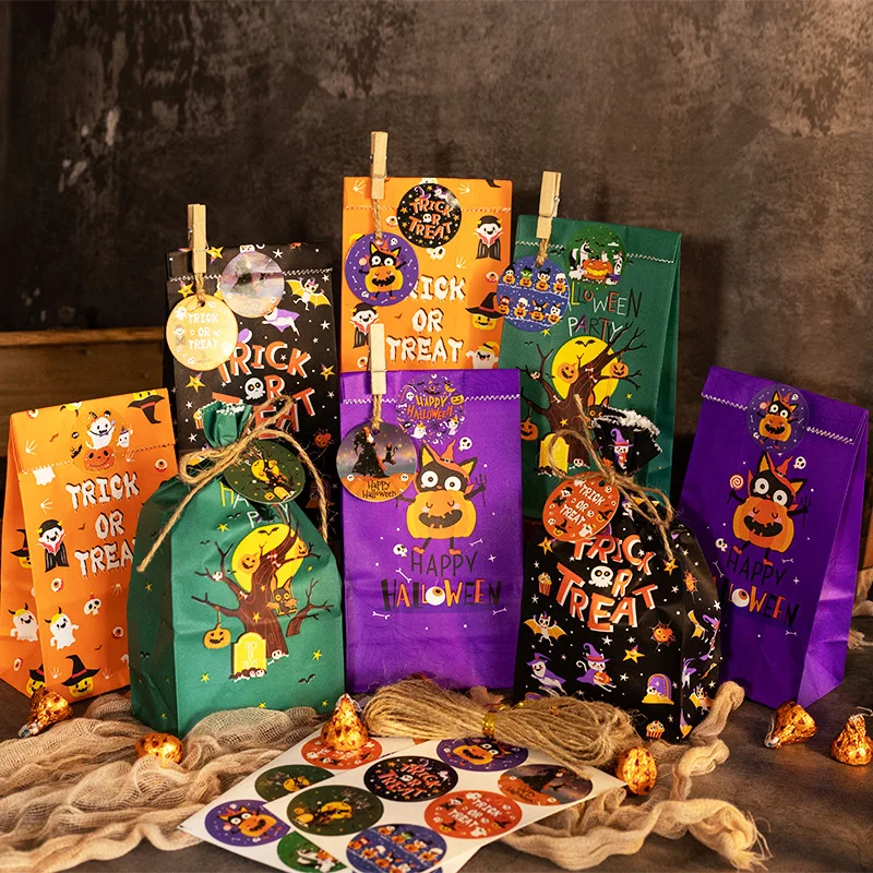 Happy Halloween Paper Bags Cartoon Animal Printed Gift Bags Trick or Treat Candy Cookie Packaging Bag Halloween Party Supplies