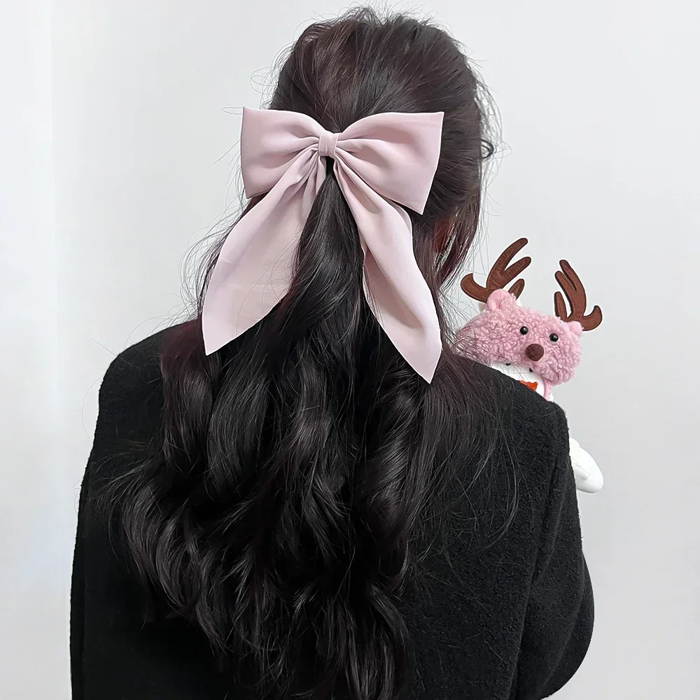 Elegant Bow Ribbon Hair Clip Fashion Simple Solid Satin Spring Clip Hair Pin Retro Headband with Clips Girls Hair Accessories