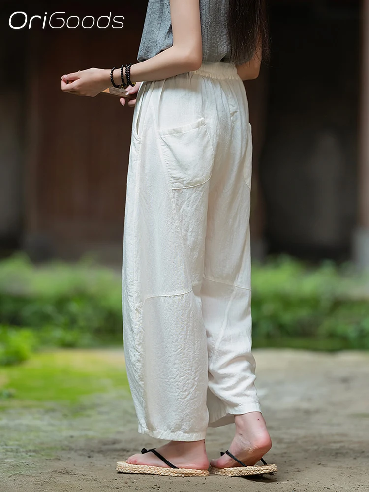 OriGoods Summer Pants Women Loose Lyocell Linen Thin Pants Meditation Zen Clothes Chinese Japanese Style Pants 2024 New C055