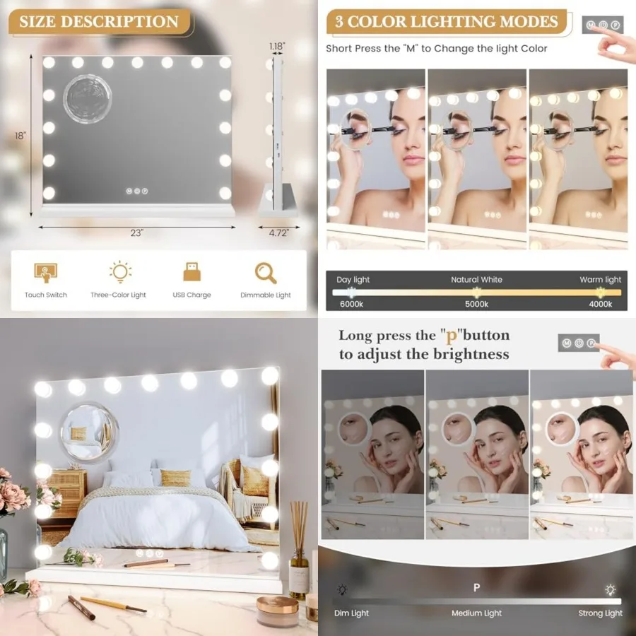 

Aluminum Frame LED Makeup Mirror, 23x18 Lighted Vanity Mirror with 15 Dimmable LED Bulbs, 3 Color Modes, 3X Magnifying Mirror,