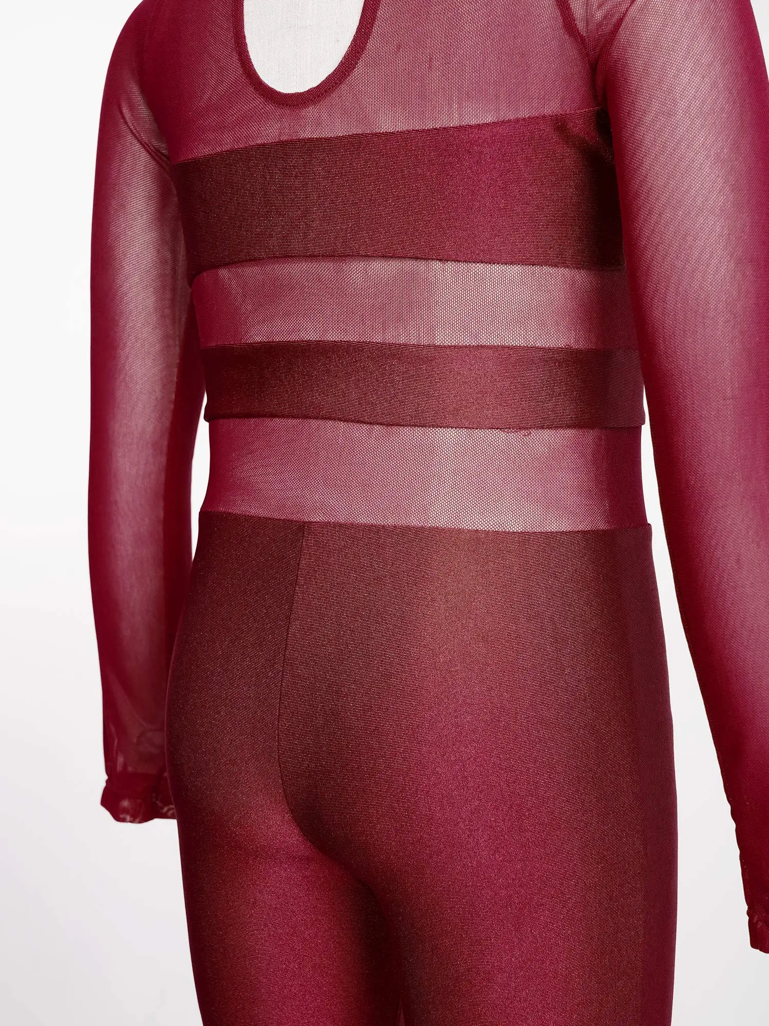 Girls Gymnastics Unitard Ballet Dance Outfits Sheer Mesh Long Sleeve Bodysuit Rhinestone Dance Jumpsuit Figure Skating Costume