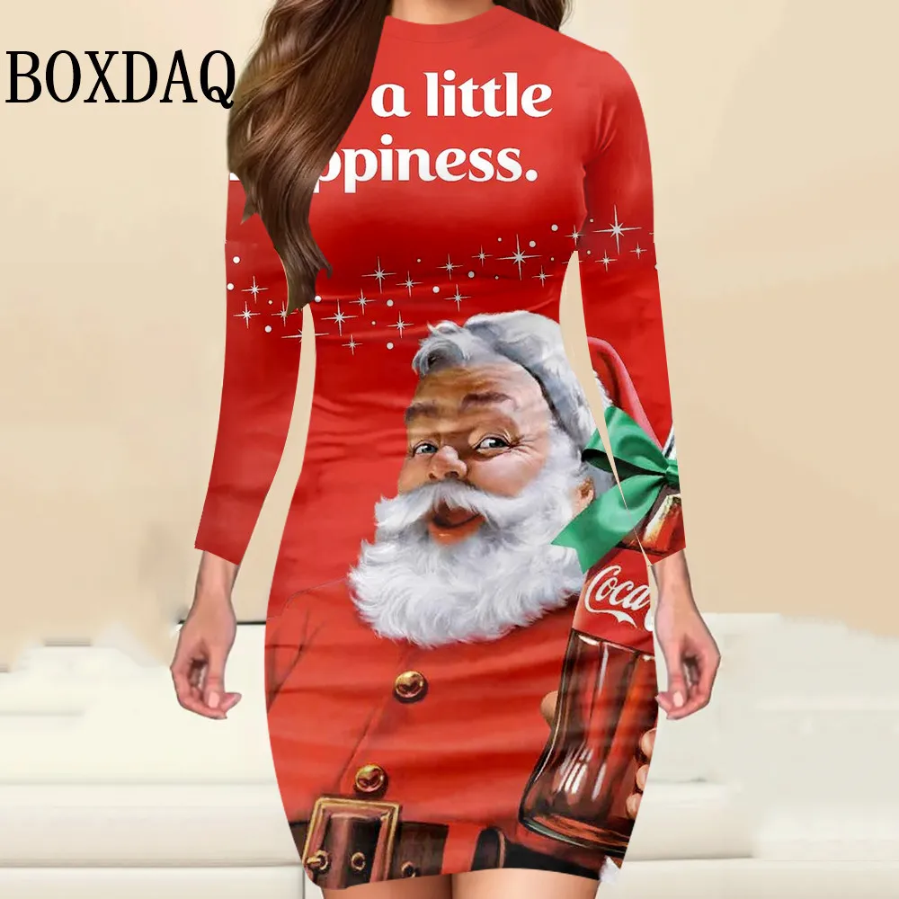 Damska sukienka z długim rękawem, świąteczny nadruk 3D, dopasowana sukienka bodycon z okrągłym dekoltem, elegancka, modna, zimowa sukienka mini na imprezę, odzież 2025