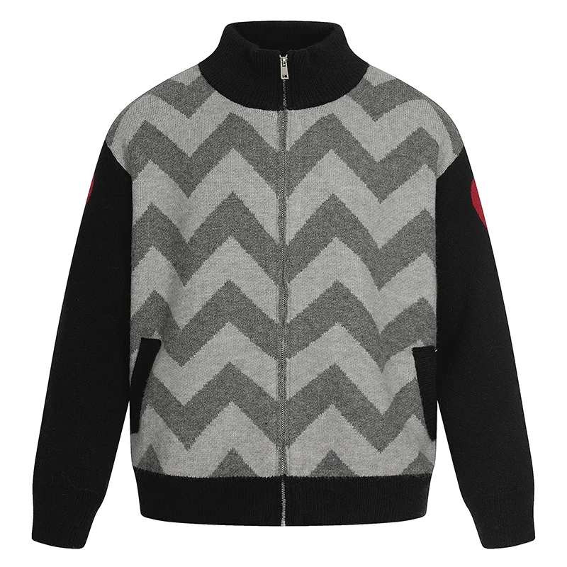 

Women Striped Zip Up Sweater Jacket Winter Knitwear Chevron Pattern Warm Coat Black Grey Patch Casual Cardigan Outerwear Clothe