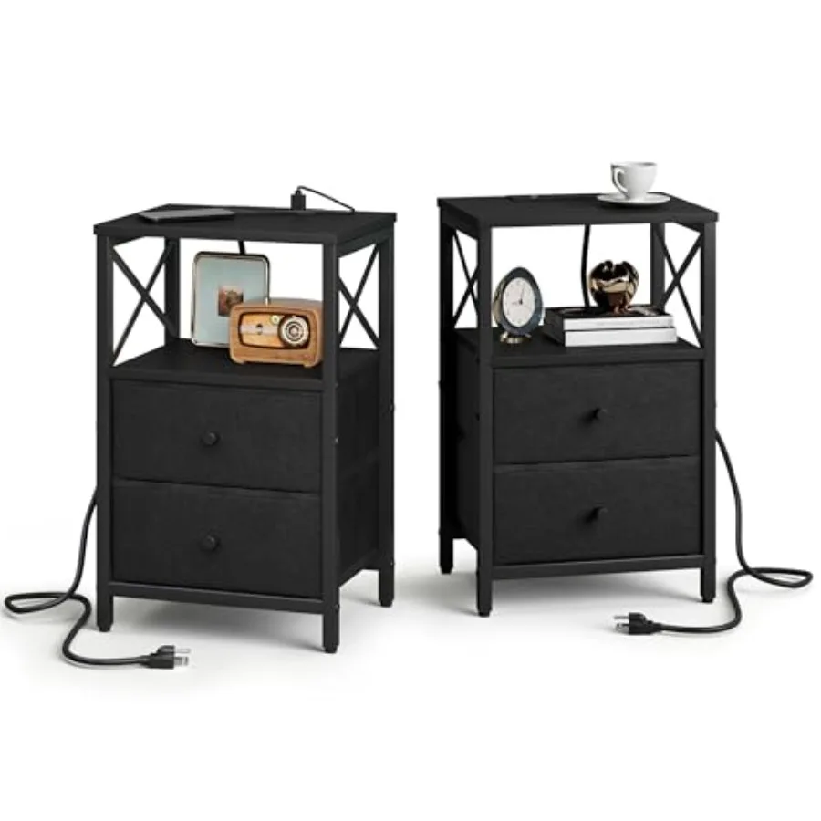 

Nightstands Set of 2 with Charging Station Small Bedside Tables with Fabric Drawers Storage Shelf End Tables Featuring USB Port