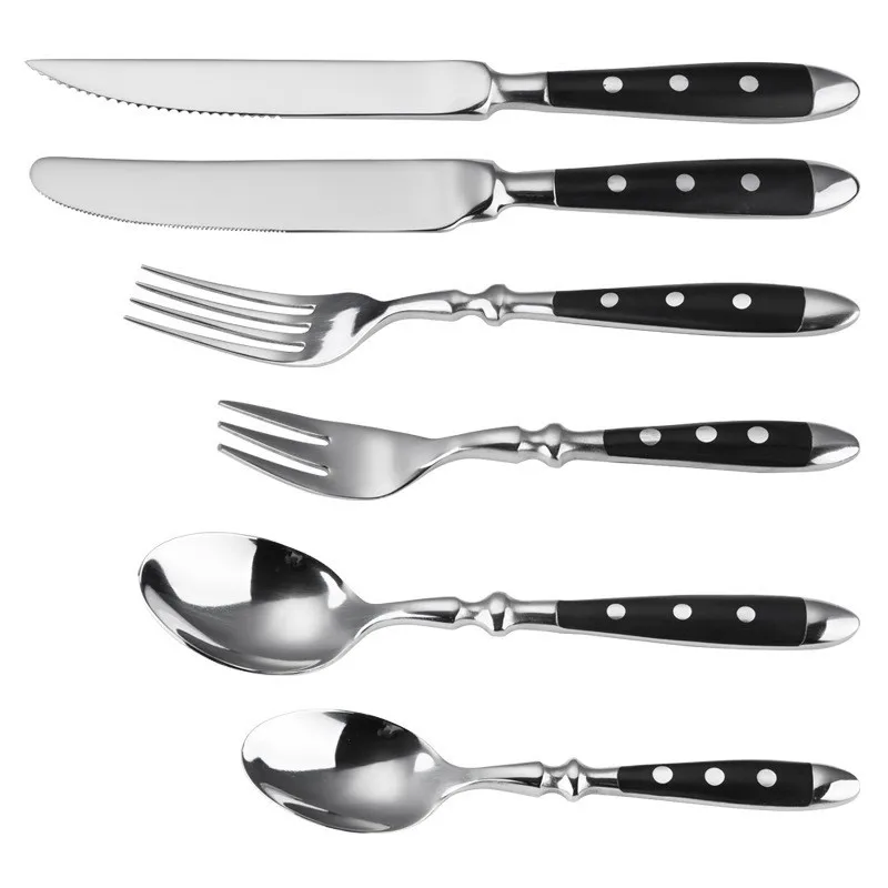 Black Western Stainless Steel Cutlery Sets Restaurant Knife Fork and Spoon Set Table Full Dining Service Steak Knife Teaspoon