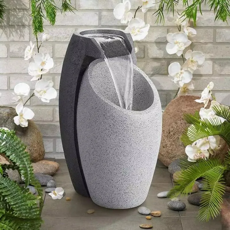 Indoor Modern Grey Resin Waterfall Outdoor Floor Garden Water Fountain With Light LED  with Pump Relaxing Feature Home Decor