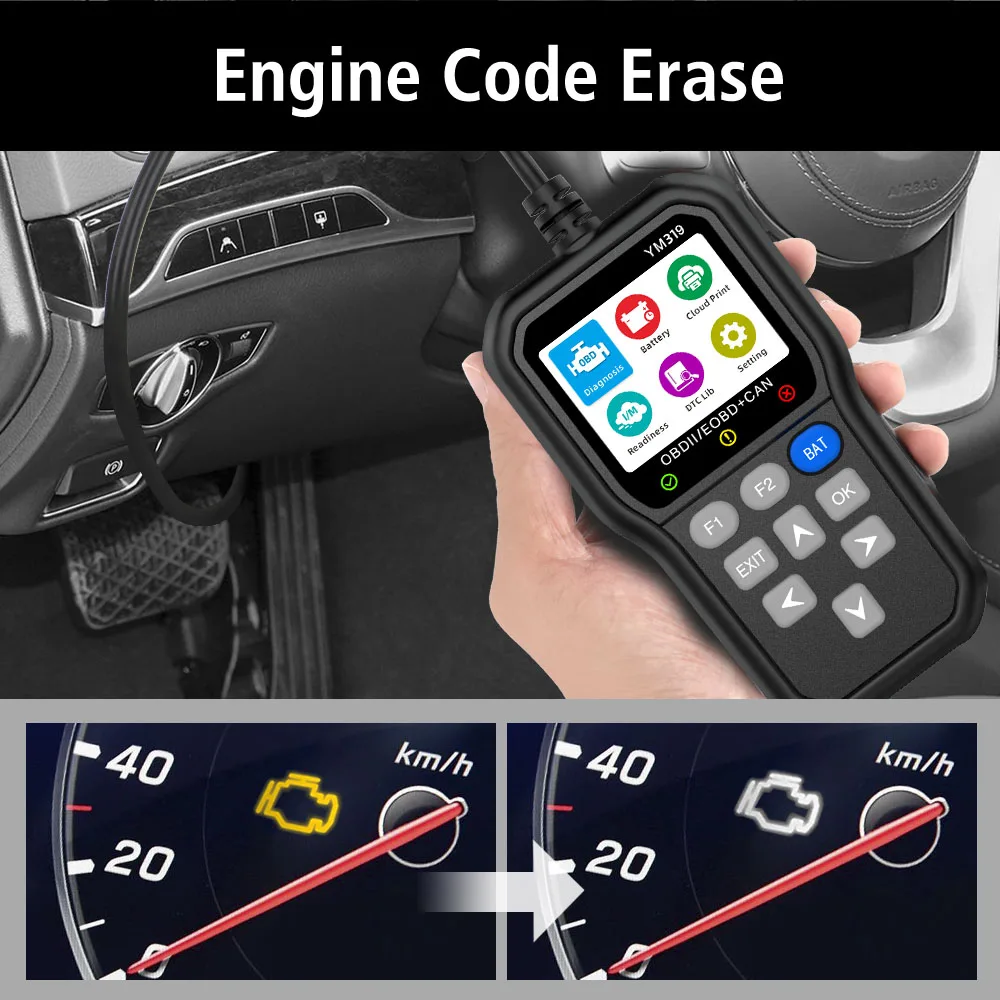 Code Reader YM319 Car Diagnostic Tool Clear/Erase Codes Battery Tester OBD2 Scanner Check Engine System Multi-language