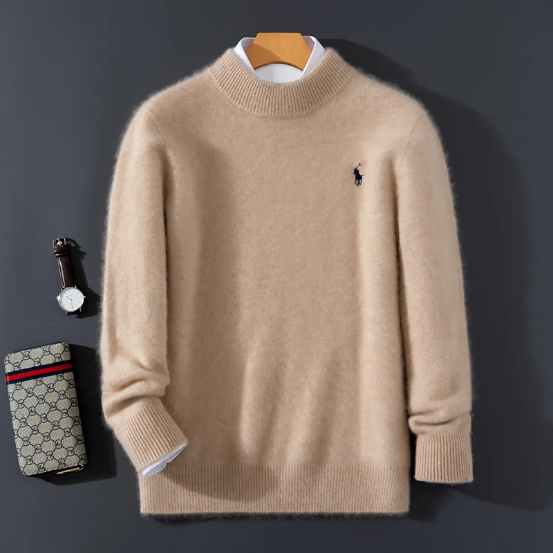 New autumn/winter men's round neck sweater casual knit pullover embroidered Jumper loose 100% Merino wool Tops basic versatile