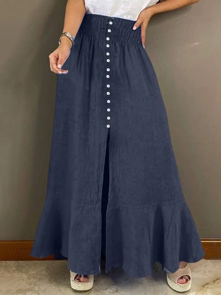 Fashion OL Leisure Denim Blue Maxi Long Skirts Women ZANZEA Casual Solid A Line Sundress Elastic Waist Skirts Baggy Vestidos 7