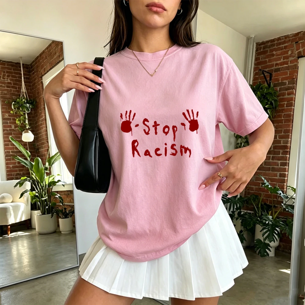 Stop Racism Blood Handprint Slogan T Shirt Women Activist Graphic Print Tee Social Justice Protest Top Soft Cotton Streetwear