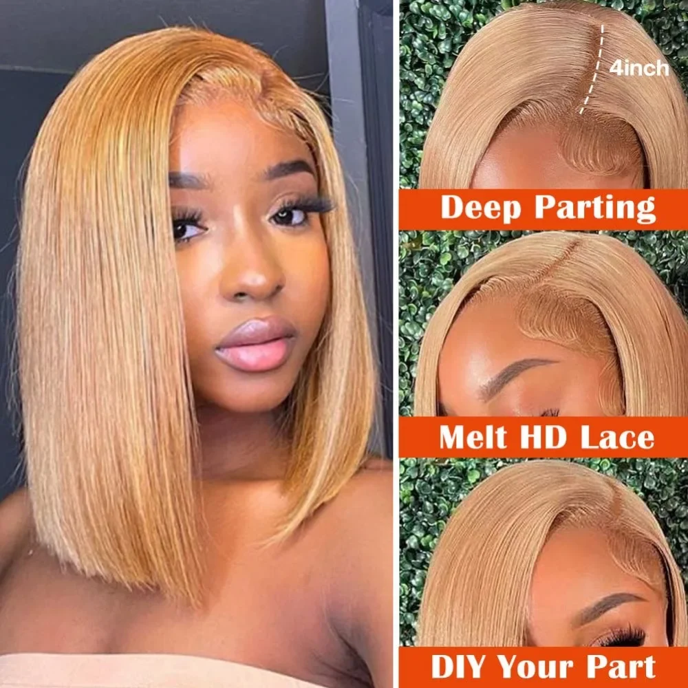 # 27 Honey Blonde Bob Wig Human Hair 13x4 HD Lace Front Wigs Glueless Frontal Wigs Pre Plucked Bob Wigs for Black Women 12 Inch