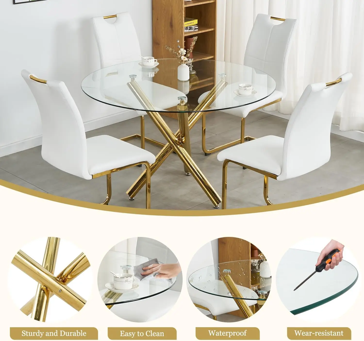 47'' Round Glass Dining Table Set 4, Gold Base 4 Pink Velvet Chairs, Kitchen Dining Room Table Apartment, Customized
