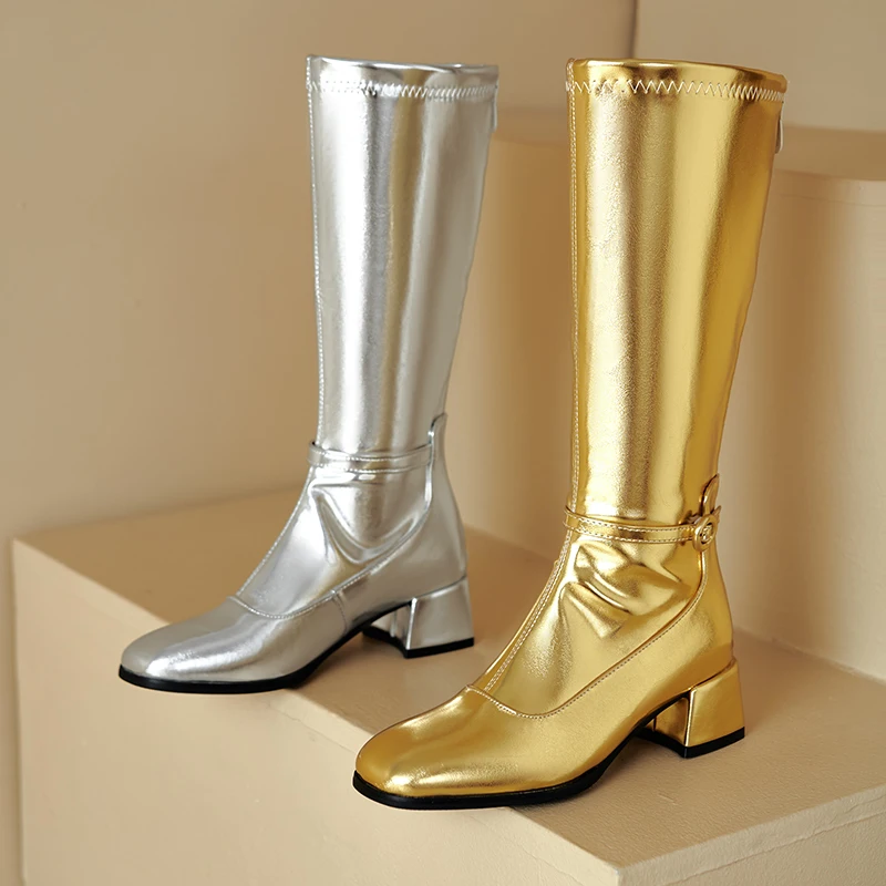 Plus Size Sewing Smooth Silver Upper Thick Heel Side Zipper Knee High Boots Square Toe Precise Style Long Boots
