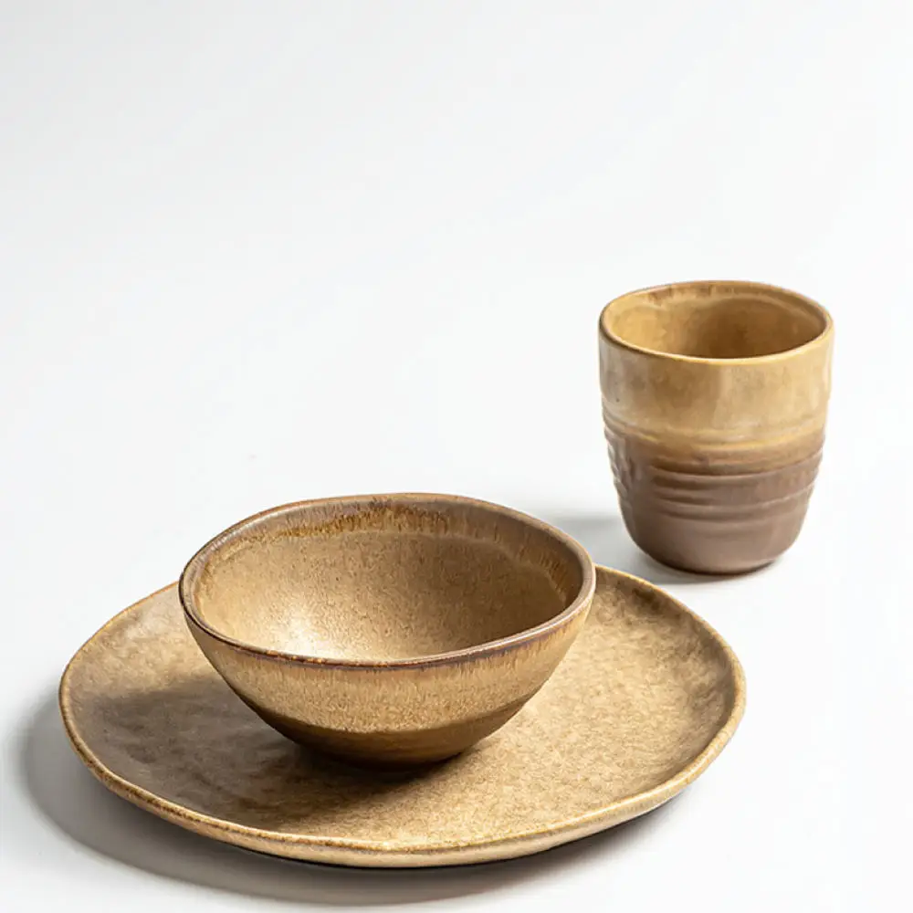Japanese Style Retro Ceramic Tableware Set Round Dinner Plate Rice Bowl Cup For Kitchen Eating Serving Dishware